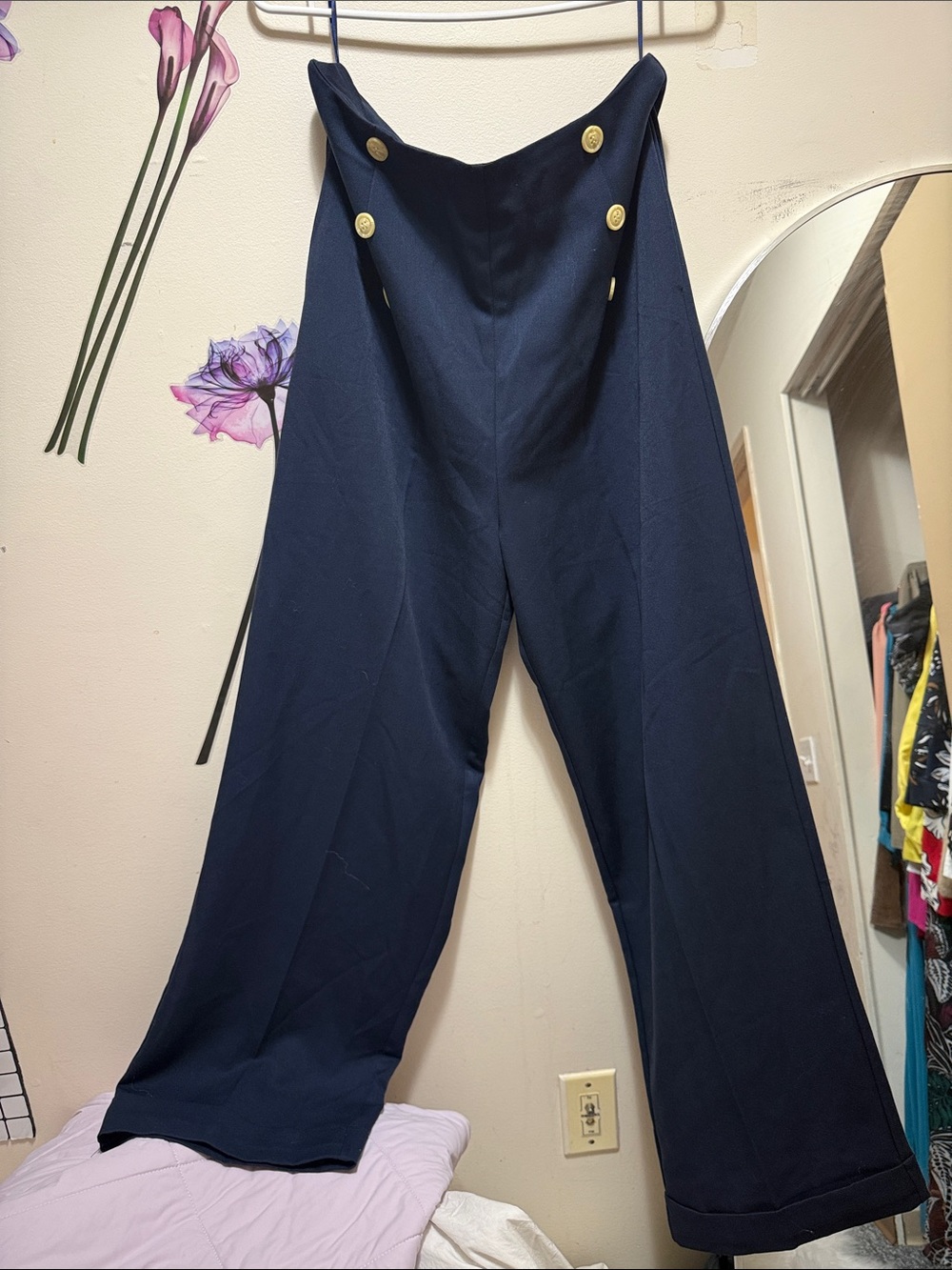 Navy High-Waist Wide-Leg Pants with Gold Button Detail